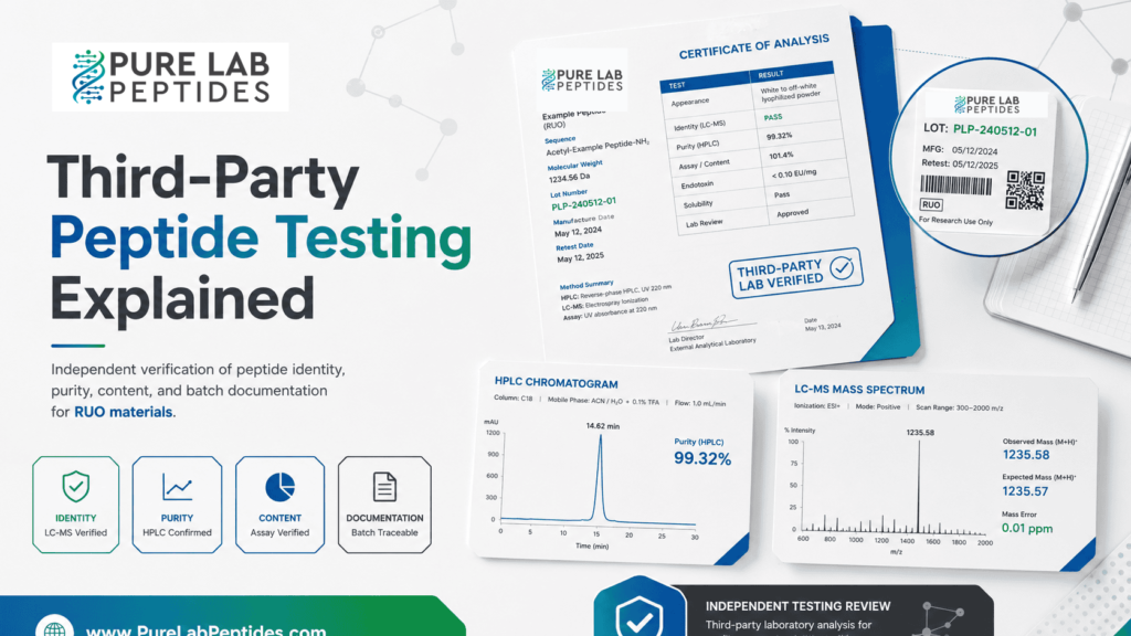Third-party peptide testing infographic showing COA, chromatogram, and mass spectrum documentation